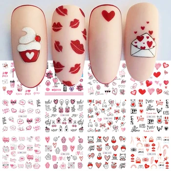 12 Дизайнов, Наклейки Для Ногтей на День Святого Валентина, Розовое Сердечко С Надписью 