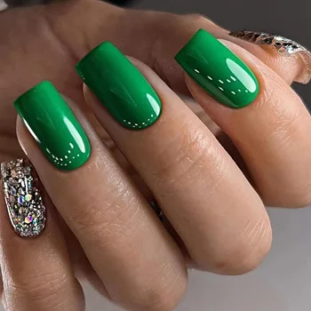 24шт Коротких квадратных накладных ногтей, Французских блестящих зеленых однотонных дизайнов, накладных ногтей, полного покрытия кончиков ногтей, маникюра с надавливанием на ногти