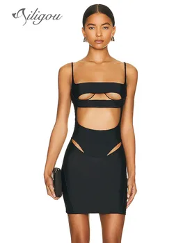 Ailigou 2023 Новое Летнее женское Черное Сексуальное открытое Облегающее мини-бандажное платье без рукавов с открытой спиной, клубное вечернее платье Vestido