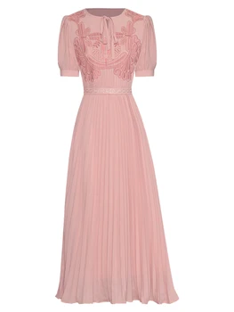 Sweetsince 2023, Дизайнерское Летнее плиссированное платье с высокой талией, Женское платье с круглым вырезом и вышивкой, Розовое, Черное, Милое, Милое, стиль принцессы