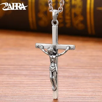 ZABRA Стерлингового серебра 925 Пробы Подвеска с Крестом Иисуса Религиозное Ожерелье Для мужчин Женщин Христианство Старинные ювелирные изделия