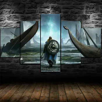 Боевой корабль Викингов-воинов, 5 частей холста, Настенный художественный плакат, домашний декор, HD-печать фотографий Без рамок, 5 панелей для декора комнаты