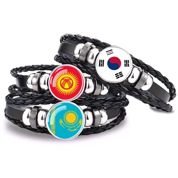 Браслет с национальным флагом Непал, Мальдивы, Узбекистан, Пакистан, Южная Корея, Стеклянный браслет в стиле Кабоксионг в стиле панк, Плетеный браслет из черной кожи, унисекс
