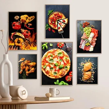 Вкусная Еда Пицца Стейк Гамбургер Вино Винтажный Плакат Картина на холсте Настенное искусство Кухни для ресторана Гостиной Домашнего декора