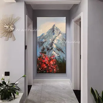 Высококачественная снежная гора ручной работы художника с красным цветком, написанная маслом, большая настенная художественная картина для украшения дома, подарочное искусство