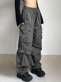 Летние Широкие брюки-карго Y2K, женская уличная одежда, Свободные мешковатые брюки в стиле панк, повседневные спортивные штаны с карманами, штаны-парашюты Harajuku