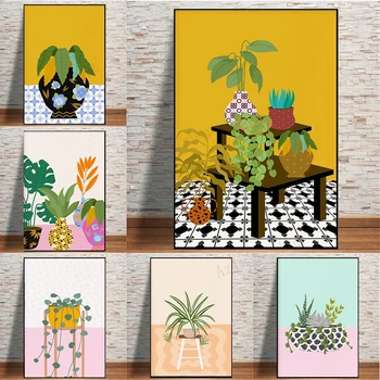 Модный красочный принт с растениями в горшках, яркий красочный цветочный настенный художественный плакат, картины на холсте, Модный домашний декор для ванной комнаты