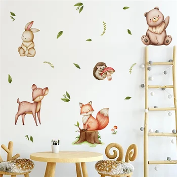 Мультяшные лесные животные Олень, кролик, наклейки на стену с листьями для детской комнаты, спальни для девочек, детской, Виниловые наклейки на стены для детей