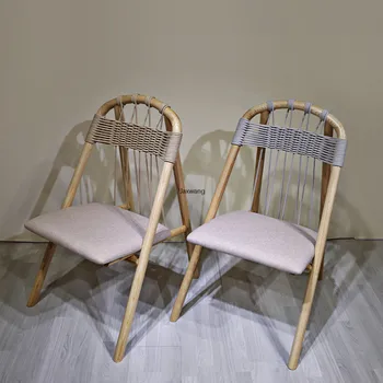 Оригинальный обеденный стул Дизайн кухонной мебели Креативное кресло из массива дерева Современные простые кресла для отдыха с плетеной из хлопчатобумажной веревки спинкой