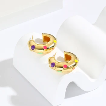Позолоченные Массивные Геометрические Женские серьги-кольца с цветной эмалью, красочные украшения для вечеринок Оптом