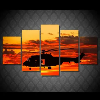 Силуэт военного вертолета Закат 5 штук Печать на холсте Настенное искусство Домашний декор Картины плакат без рамок Декор комнаты Картины