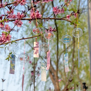Стеклянные Ветряные колокольчики в японском стиле, подвесные ремесленные Ветряные колокольчики, Креативное украшение для домашнего декора, Подвеска с рисунком Сакуры в виде цветущей вишни