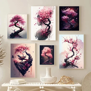 Японская Сакура, настенное искусство, плакат, печать на холсте, Розовая акварель, Вишневый цвет, Эстетические картины для декора гостиной